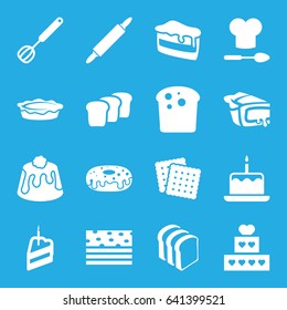 Bakery icons set. set of 16 bakery filled icons such as cake with one candle, cookies, piece of cake, donut, bread slices, pie, bread, chef hat and spoon, corolla, dough pin