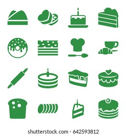 Bakery icons set. set of 16 bakery filled icons such as cake with one candle, piece of cake, cake, donut, coffee and croissant, sweet box, heart lock, chef hat, cookie
