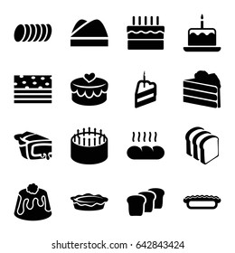 Bakery icons set. set of 16 bakery filled icons such as cake with one candle, cake, bread slices, pie, heart lock, piece of cake, chef hat, cookie