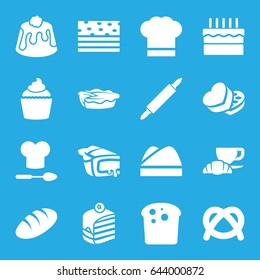 Bakery icons set. set of 16 bakery filled icons such as bread, piece of cake, coffee and croissant, pie, muffin, sweet box, cake, chef hat, chef hat and spoon, dough pin