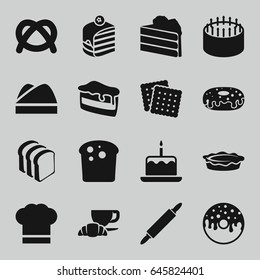 Bakery icons set. set of 16 bakery filled icons such as cake with one candle, cookies, cake, piece of cake, donut, bread slices, coffee and croissant, pie, chef hat, dough pin
