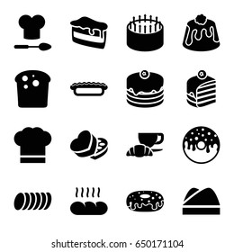 Bakery icons set. set of 16 bakery filled icons such as cake, piece of cake, donut, coffee and croissant, pie, sweet box, chef hat, cookie, bread