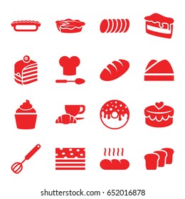Bakery icons set. set of 16 bakery filled icons such as bread, piece of cake, donut, coffee and croissant, pie, muffin, heart lock, chef hat, cookie, chef hat and spoon