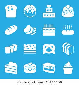 Bakery icons set. set of 16 bakery filled icons such as bread, piece of cake, donut, bread slices, pie, muffin, sweet box, heart lock, cake