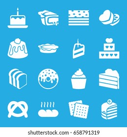 Bakery icons set. set of 16 bakery filled icons such as cake with one candle, cookies, piece of cake, donut, bread slices, pie, muffin, sweet box, bread, cake
