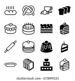 Bakery icons set. set of 16 bakery filled and outline icons such as piece of cake, pie, bread, cake, bread slices, coffee and croissant, heart lock, dough pin