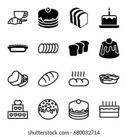 Bakery icons set. set of 16 bakery filled and outline icons such as cake with one candle, cake, bread slices, pie, bread, donut, coffee and croissant, sweet box