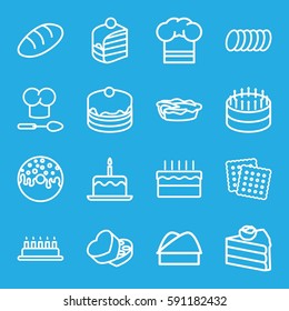 bakery icons set. Set of 16 bakery outline icons such as bread, cake with one candle, cookies, cake, piece of cake, donut, pie, sweet box, chef hat, cookie