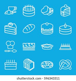 bakery icons set. Set of 16 bakery outline icons such as bread, cake, piece of cake, donut, bread slices, coffee and croissant, pie, sweet box, chef hat and spoon