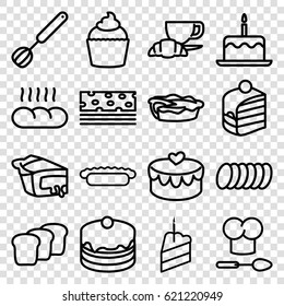 Bakery icons set. set of 16 bakery outline icons such as cake with one candle, cake, piece of cake, coffee and croissant, pie, muffin, heart lock, cookie, bread