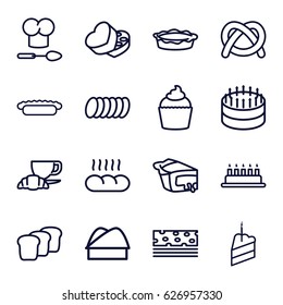 Bakery icons set. set of 16 bakery outline icons such as coffee and croissant, pie, muffin, sweet box, piece of cake, chef hat, cookie, bread, chef hat and spoon, cake