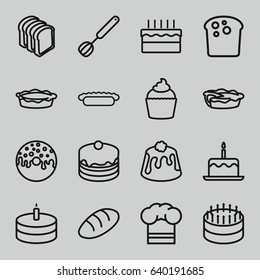 Bakery icons set. set of 16 bakery outline icons such as bread, cake with one candle, cake, donut, bread slices, pie, muffin, chef hat