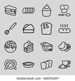 Bakery icons set. set of 16 bakery outline icons such as piece of cake, donut, coffee and croissant, pie, muffin, sweet box, chef hat, cookie, bread, chef hat and spoon
