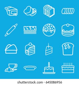 Bakery icons set. set of 16 bakery outline icons such as cake with one candle, cake, piece of cake, donut, bread slices, coffee and croissant, pie, sweet box, chef hat, cookie