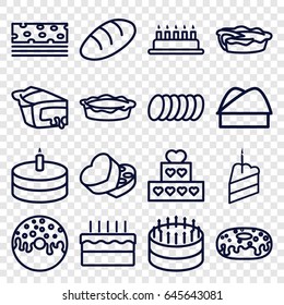 Bakery icons set. set of 16 bakery outline icons such as bread, donut, pie, sweet box, cake, piece of cake, chef hat