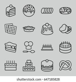 Bakery icons set. set of 16 bakery outline icons such as cookies, piece of cake, cake, donut, pie, sweet box, cookie, chef hat and spoon