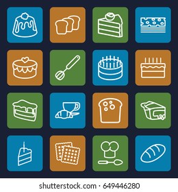 Bakery icons set. set of 16 bakery outline icons such as bread, cookies, piece of cake, coffee and croissant, pie, heart lock, cake, chef hat and spoon