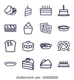 Bakery icons set. set of 16 bakery outline icons such as cake with one candle, cookies, pie, muffin, sweet box, heart lock, cake, piece of cake, chef hat, bread