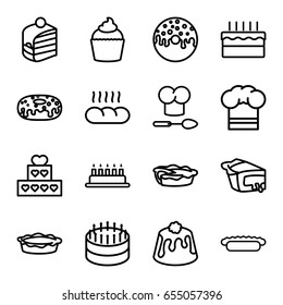 Bakery icons set. set of 16 bakery outline icons such as piece of cake, donut, pie, muffin, cake, chef hat, bread