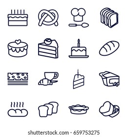 Bakery icons set. set of 16 bakery outline icons such as bread, cake with one candle, bread slices, coffee and croissant, pie, sweet box, heart lock, cake, piece of cake