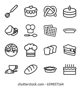 Bakery icons set. set of 16 bakery outline icons such as bread, cookies, piece of cake, donut, coffee and croissant, pie, sweet box, heart lock, cake, chef hat