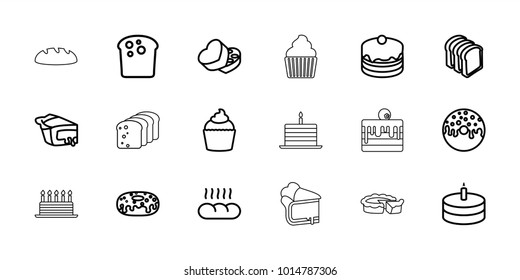 Bakery icons. set of 18 editable outline bakery icons: bread, cake, donut, bread slices, pie, muffin, sweet box