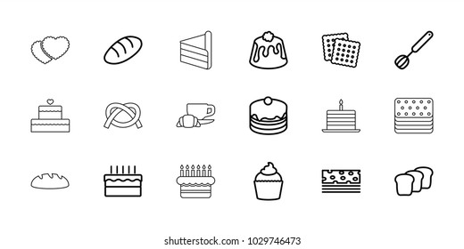 Bakery icons. set of 18 editable outline bakery icons: bread, cookies, cake, pie, muffin, piece of cake, corolla, cake with one candle, pretzel