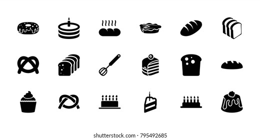 Bakery icons. set of 18 editable filled bakery icons: bread, cake, pretzel, piece of cake, donut, bread slices, pie, muffin