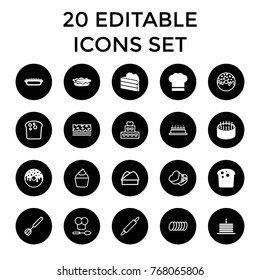 Bakery icons. set of 20 editable filled and outline bakery icons such as cake, bread, donut, pie, chef hat, muffin, piece of cake, sweet box, cookie, chef hat and spoon