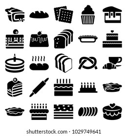 Bakery icons. set of 25 editable filled bakery icons such as cookies, cake, piece of cake, bread slices, coffee and croissant, pie, heart lock, cookie, bread, dough pin