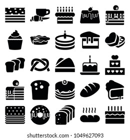 Bakery icons. set of 25 editable filled bakery icons such as bread, cake with one candle, cake, pie, muffin, piece of cake, sweet box, chef hat, pretzel, donut