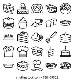 Bakery icons. set of 25 editable outline bakery icons such as cake with one candle, cookies, cake, bread, pretzel, piece of cake, donut, coffee and croissant, pie, muffin