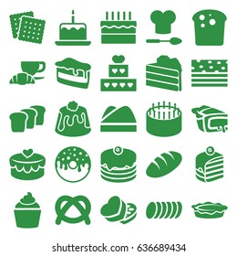Bakery icons set. set of 25 bakery filled icons such as bread, cake with one candle, cookies, cake, piece of cake, donut, coffee and croissant, pie, muffin, sweet box