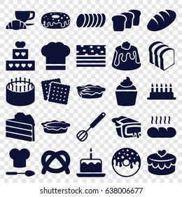 Bakery icons set. set of 25 bakery filled icons such as bread, cake with one candle, cookies, cake, donut, bread slices, coffee and croissant, pie, muffin, heart lock
