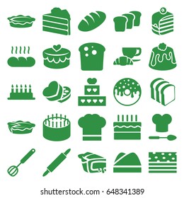 Bakery icons set. set of 25 bakery filled icons such as bread, cake, piece of cake, donut, bread slices, coffee and croissant, pie, sweet box, heart lock, chef hat