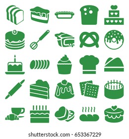 Bakery icons set. set of 25 bakery filled icons such as cake with one candle, cookies, cake, piece of cake, donut, bread slices, coffee and croissant, pie, muffin, sweet box