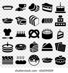 Bakery icons set. set of 25 bakery filled icons such as cake with one candle, cookies, cake, piece of cake, donut, bread slices, coffee and croissant, pie, sweet box