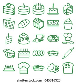 Bakery icons set. set of 25 bakery outline icons such as bread, cake with one candle, cookies, piece of cake, donut, bread slices, coffee and croissant, pie, muffin, sweet box