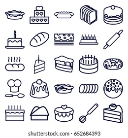Bakery icons set. set of 25 bakery outline icons such as bread, cake with one candle, piece of cake, cake, donut, bread slices, pie, heart lock, chef hat, cookie