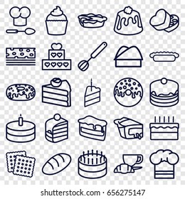 Bakery icons set. set of 25 bakery outline icons such as bread, cookies, piece of cake, cake, donut, coffee and croissant, pie, muffin, sweet box, chef hat, chef hat and spoon