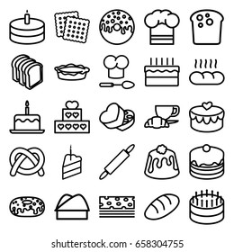 Bakery icons set. set of 25 bakery outline icons such as bread, cake with one candle, cookies, cake, donut, bread slices, coffee and croissant, pie, sweet box, heart lock