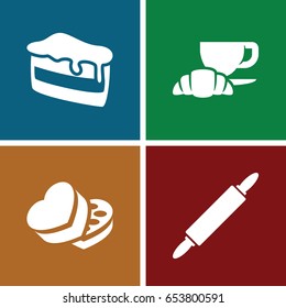 Bakery icons set. set of 4 bakery filled icons such as piece of cake, coffee and croissant, sweet box