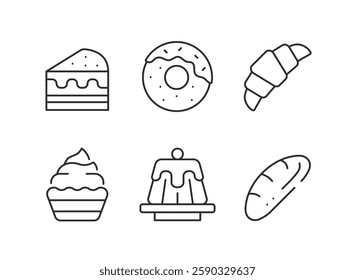 Bakery icons. Set of 6 bakery trendy minimal icons. Examples include cupcake, slice, donut, croissant and tiered cake icon. Design signs for web, mobile app, packaging design. Vector illustration