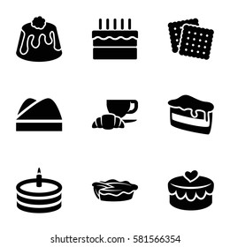 bakery icons set. Set of 9 bakery filled icons such as cookies, piece of cake, coffee and croissant, pie, heart lock, cake