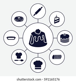 bakery icons set. Set of 9 bakery filled icons such as cake, donut, pie, piece of cake, chef hat, cookie, chef hat and spoon