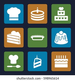 bakery icons set. Set of 9 bakery filled icons such as pie, cake, piece of cake, chef hat
