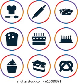 Bakery icons set. set of 9 bakery filled icons such as piece of cake, pie, muffin, cake, chef hat and spoon, dough pin, bread