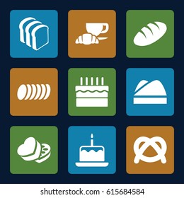 Bakery icons set. set of 9 bakery filled icons such as bread, cake with one candle, bread slices, coffee and croissant, sweet box, cake, chef hat, cookie