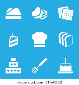 Bakery icons set. set of 9 bakery filled icons such as cake with one candle, cookies, bread slices, sweet box, piece of cake, chef hat, corolla