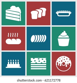 Bakery icons set. set of 9 bakery filled icons such as donut, muffin, pie, cookie, bread, cake